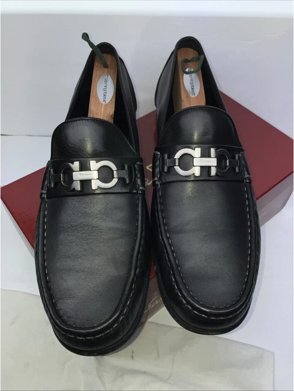 Salvatore Ferragamo Mens SONIC Black Shoes Gancini Silver Bit Loafers 12 D CLEAN